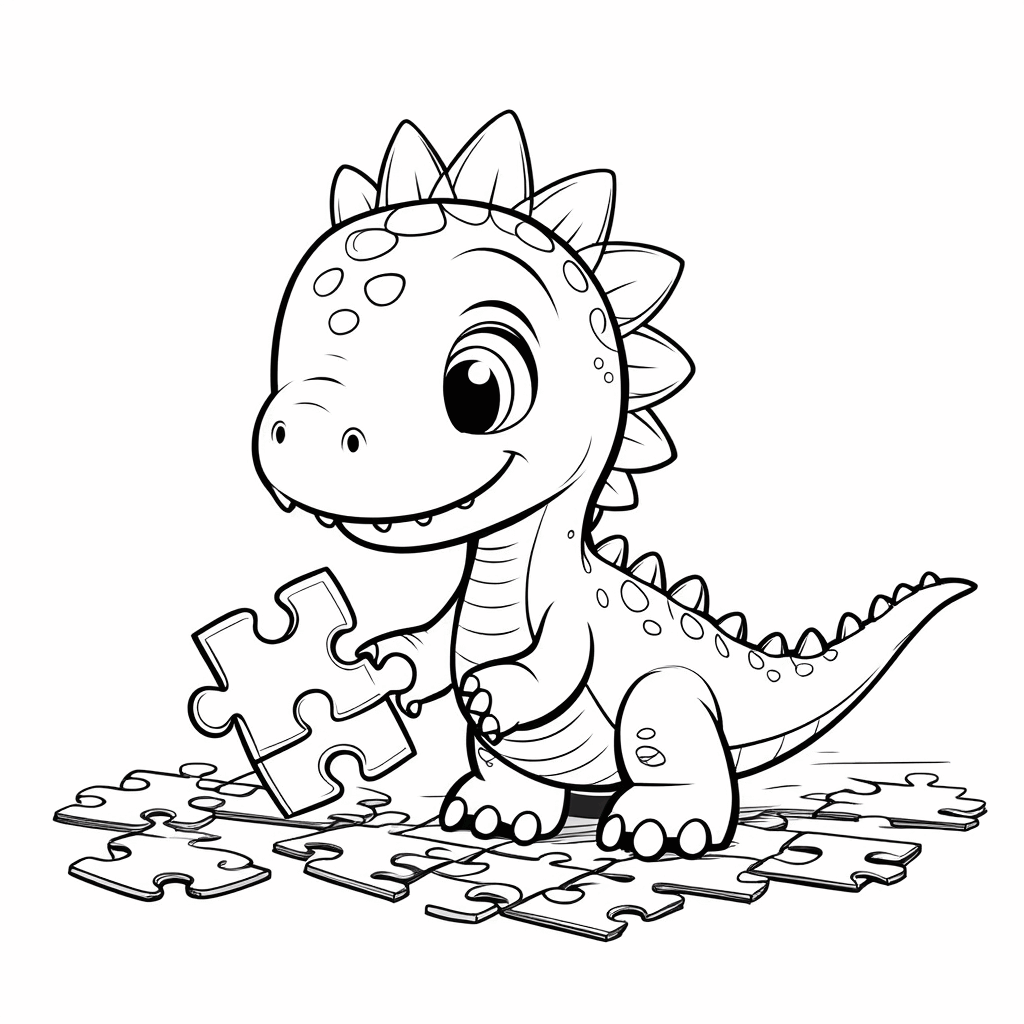 Un adorable petit dinosaure assis par terre, concentré à assembler un puzzle coloré