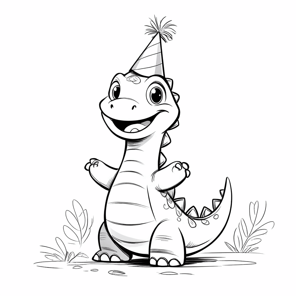 Ein niedlicher kleiner Dinosaurier trägt eine spitze Partyhut und wedelt glücklich mit seinen kleinen Pfoten