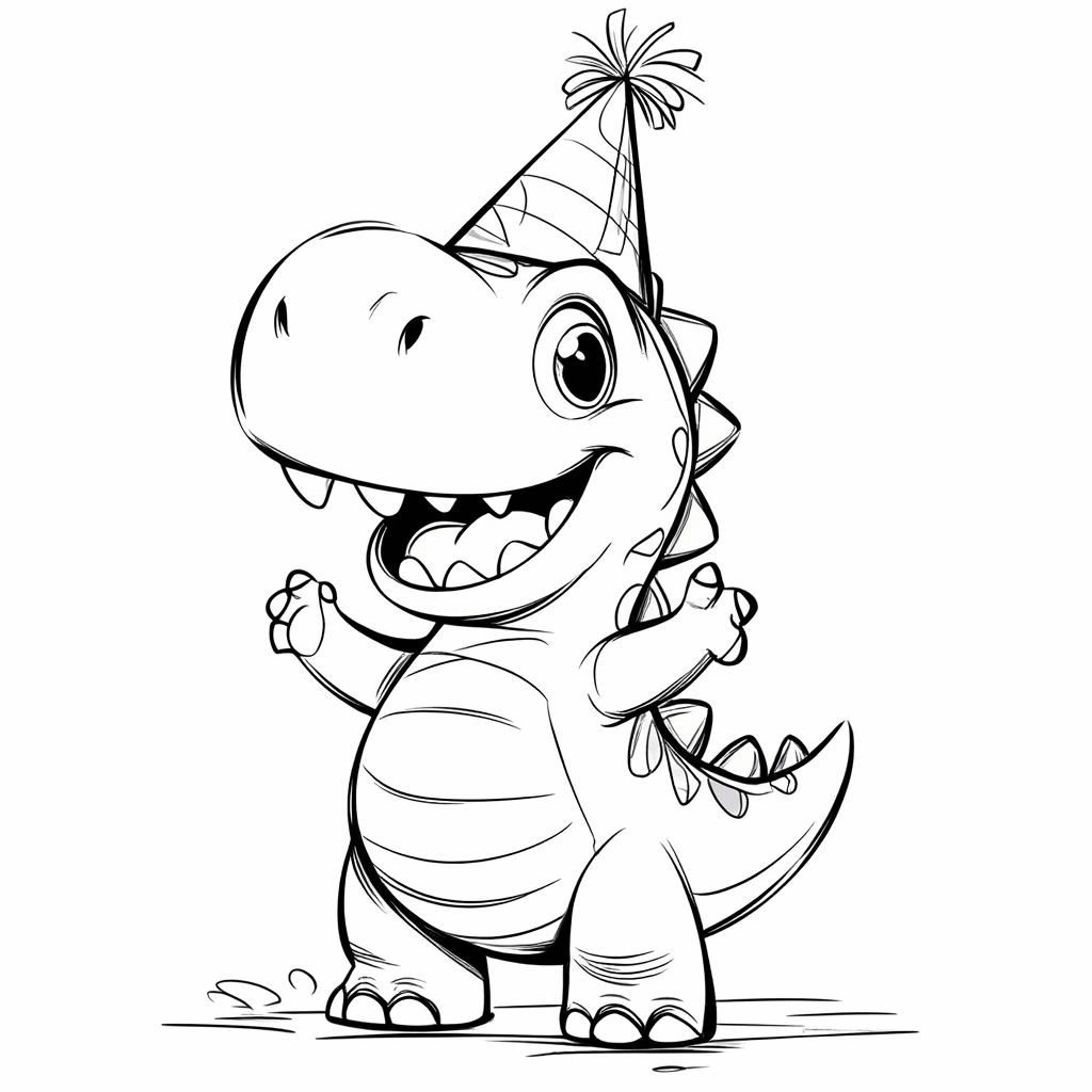 Ein niedlicher kleiner Dinosaurier mit einer bunten Partyhut spitze, der fröhlich die Vorderpfoten hebt
