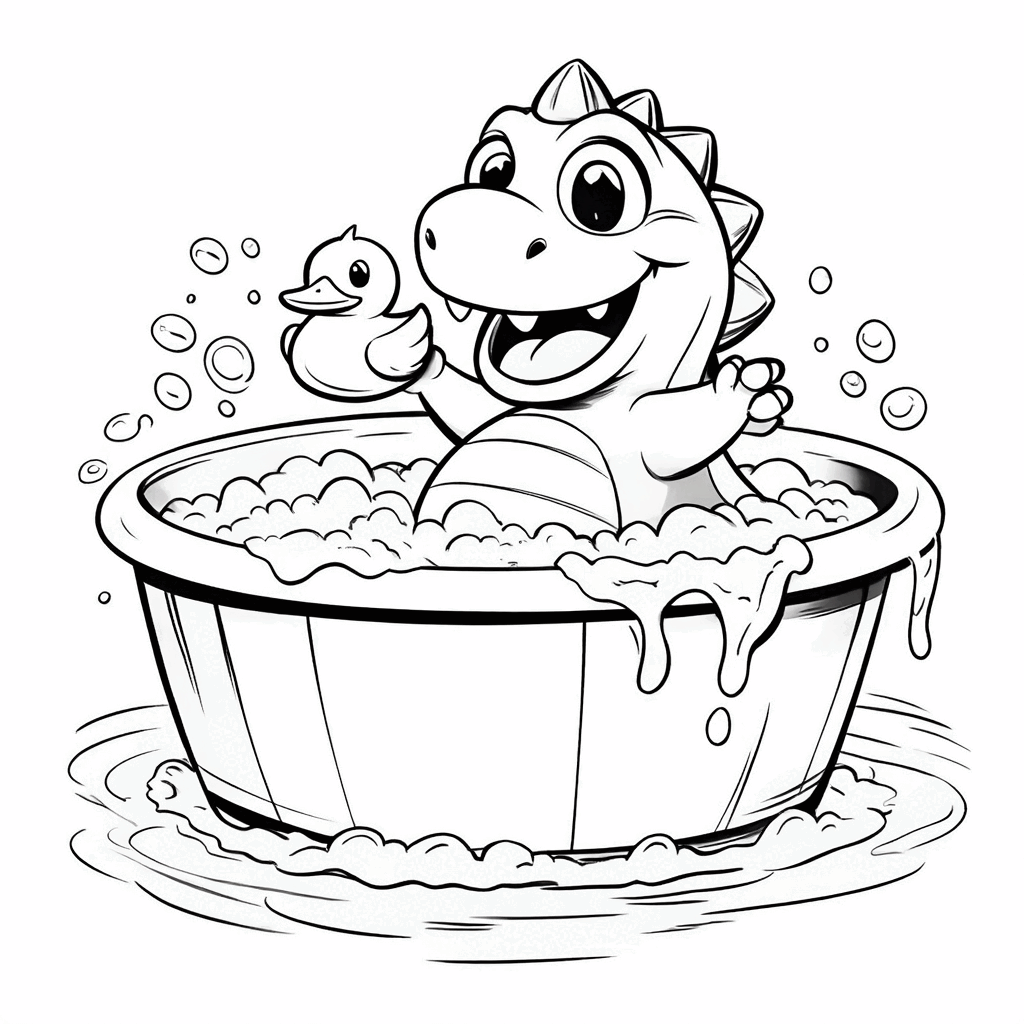Un petit dinosaure dodû assis dans un bain moussant, brandissant joyeusement un canard en caoutchouc