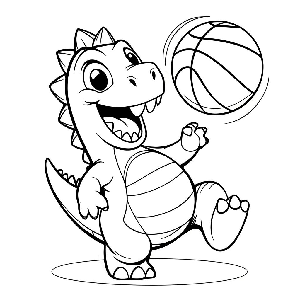 Der fröhliche kleine Dinosaurier hüpft und dribbelt einen Basketball, mit aufgestelltem Schwanz
