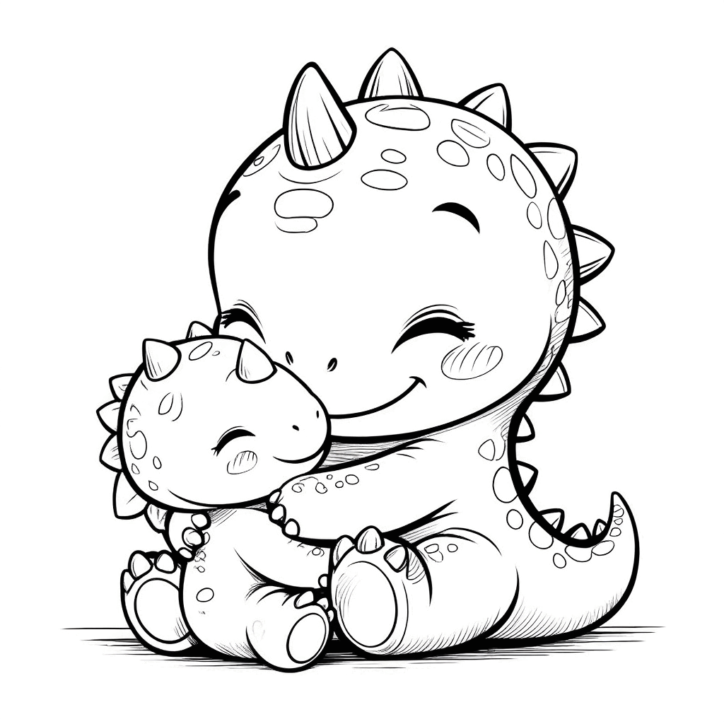 Das Dinosaurier-Baby umarmt ein Kuscheltier, der runde Körper ist zusammengerollt und es kneift glücklich die Augen zusammen