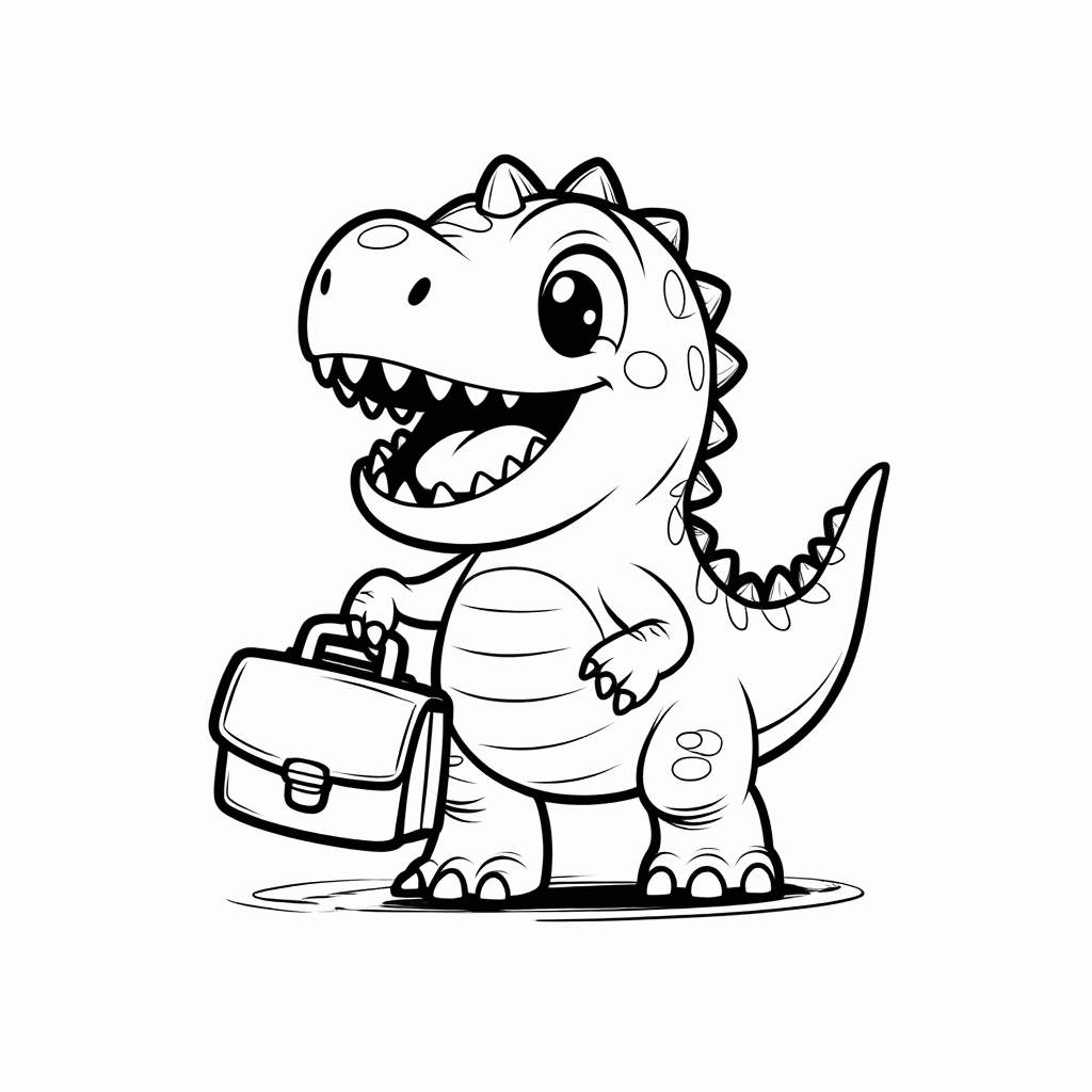 Ein rundlicher kleiner Dinosaurier, der mit seinen Vorderpfoten eine Mini-Aktentasche umklammert und fröhlich grinst