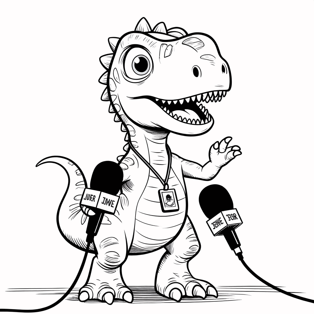 O dinossauro segurando um microfone miniatura, com crachá de repórter, entrevistando com atenção