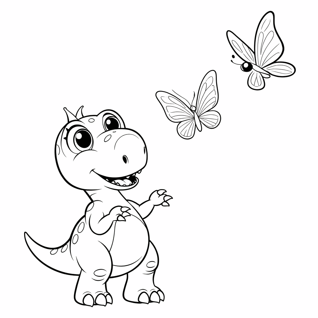 Um dinossaurinho fofo estica as patinhas perseguindo duas borboletas voando