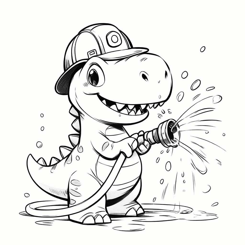 Dinossauro com capacete de bombeiro, segurando mangueira, em pé sobre as patas traseiras enquanto jorra água