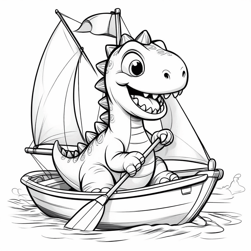 Dinosaurus kecil yang bahagia duduk di perahu layar mainan, ekor terangkat, dengan gembira mendayung perahu kecil