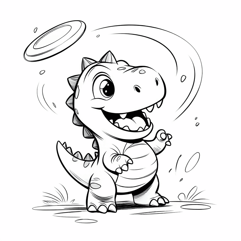 Ein kleiner Dinosaurier steht auf den Hinterbeinen, hebt die Vorderpfoten und wirft eine Frisbee