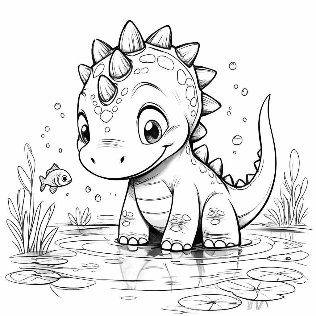 Le petit dinosaure accroupi au bord d'un étang, regarde avec curiosité les poissons nager dans l'eau
