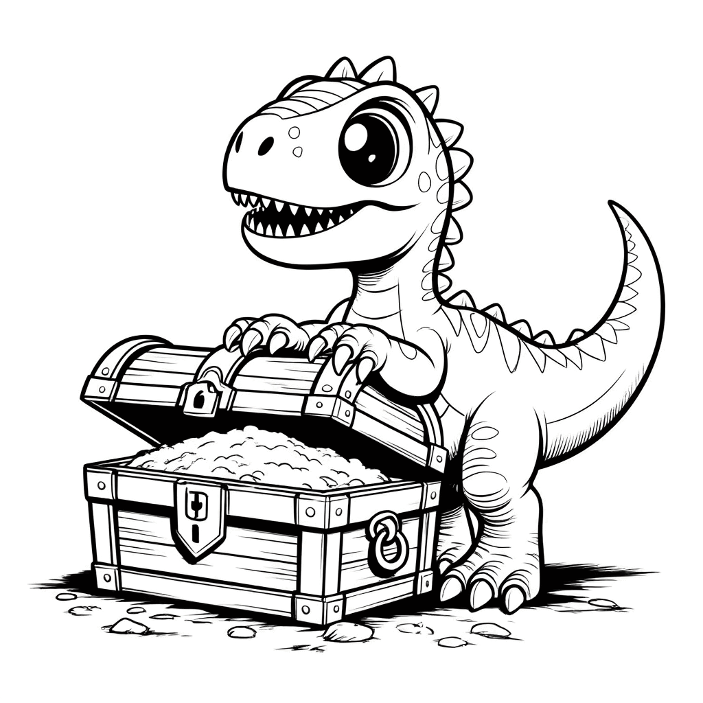 Baby-Dinosaurier öffnet neugierig eine Schatztruhe mit seinen Vorderpfoten