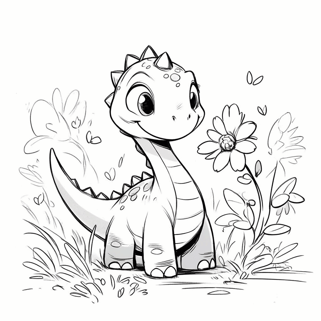 Ein kleiner Dinosaurier steht neugierig im dichten Gras, streckt den Hals und riecht an einer kleinen Blume