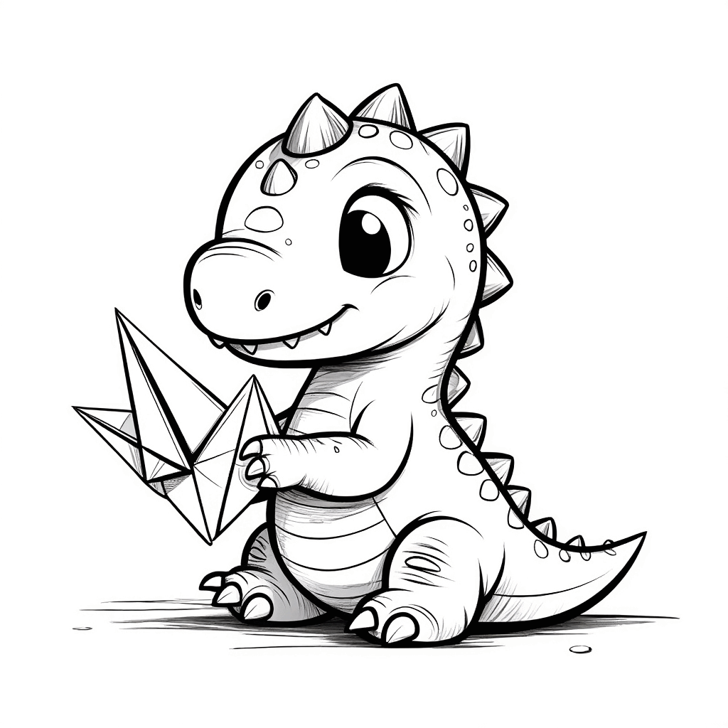 Ein niedlicher kleiner Dinosaurier sitzt auf dem Boden und faltet konzentriert einen Papierkranich