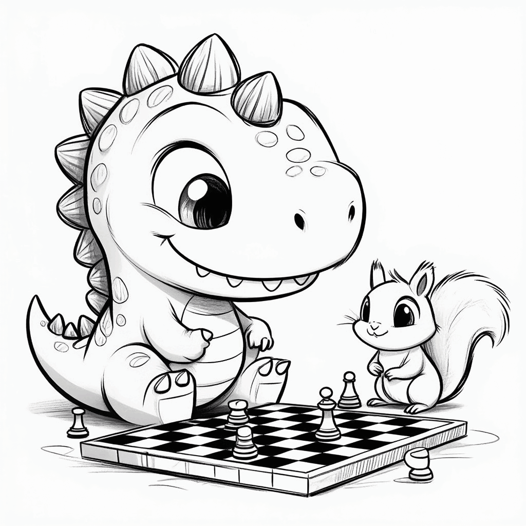 可愛的小恐龍坐在地上，專注地和松鼠下跳棋