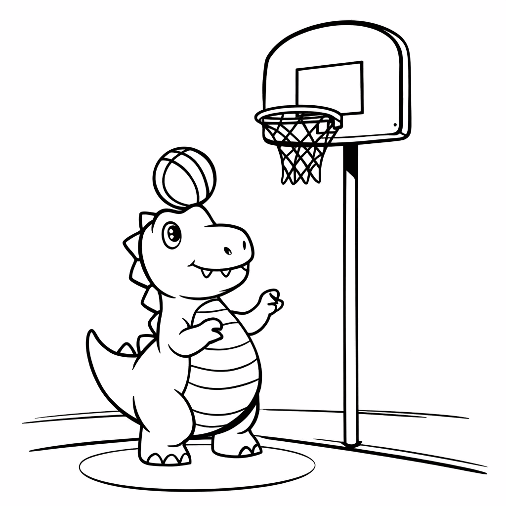 Der kleine Dinosaurier steht auf Zehenspitzen und wirft den Ball, sein Schwanz ist aufgestellt, der Basketballkorb ist nur halb so hoch wie er