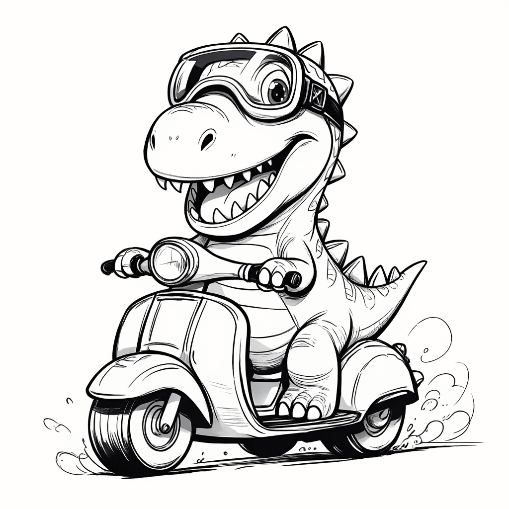 Der kleine Dinosaurier trägt eine Schutzbrille und fährt auf einem roten Spielzeugmotorrad, fröhlich die kleinen Krallen ausstreckend