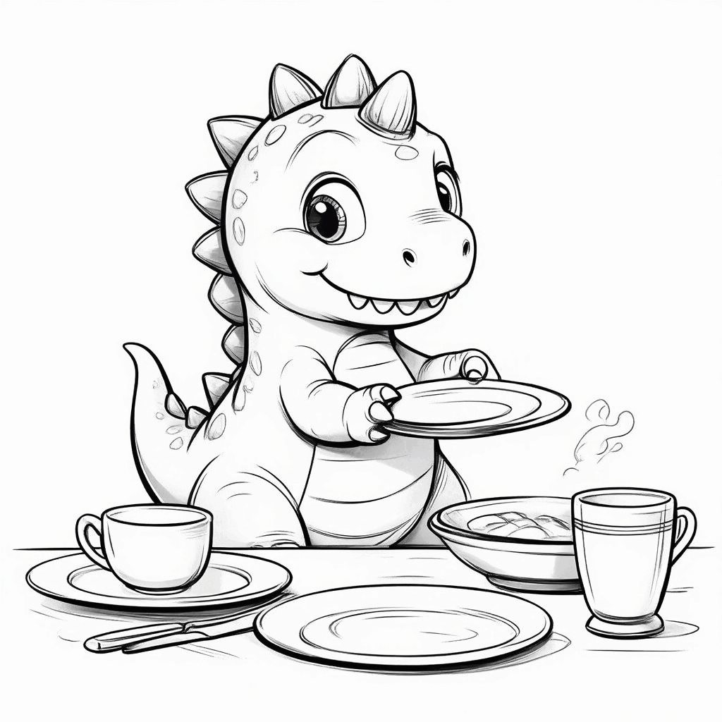 Der kleine Dinosaurier stellt auf Zehenspitzen Besteck auf den Tisch, der Schwanz ist erhoben, auf dem Tisch stehen Teller und Tassen