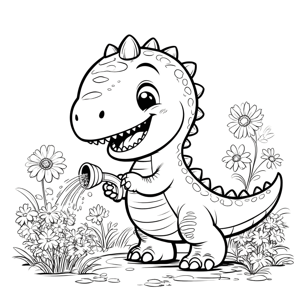 Un bébé dinosaure tenant un arrosoir, arrosant joyeusement les fleurs du jardin