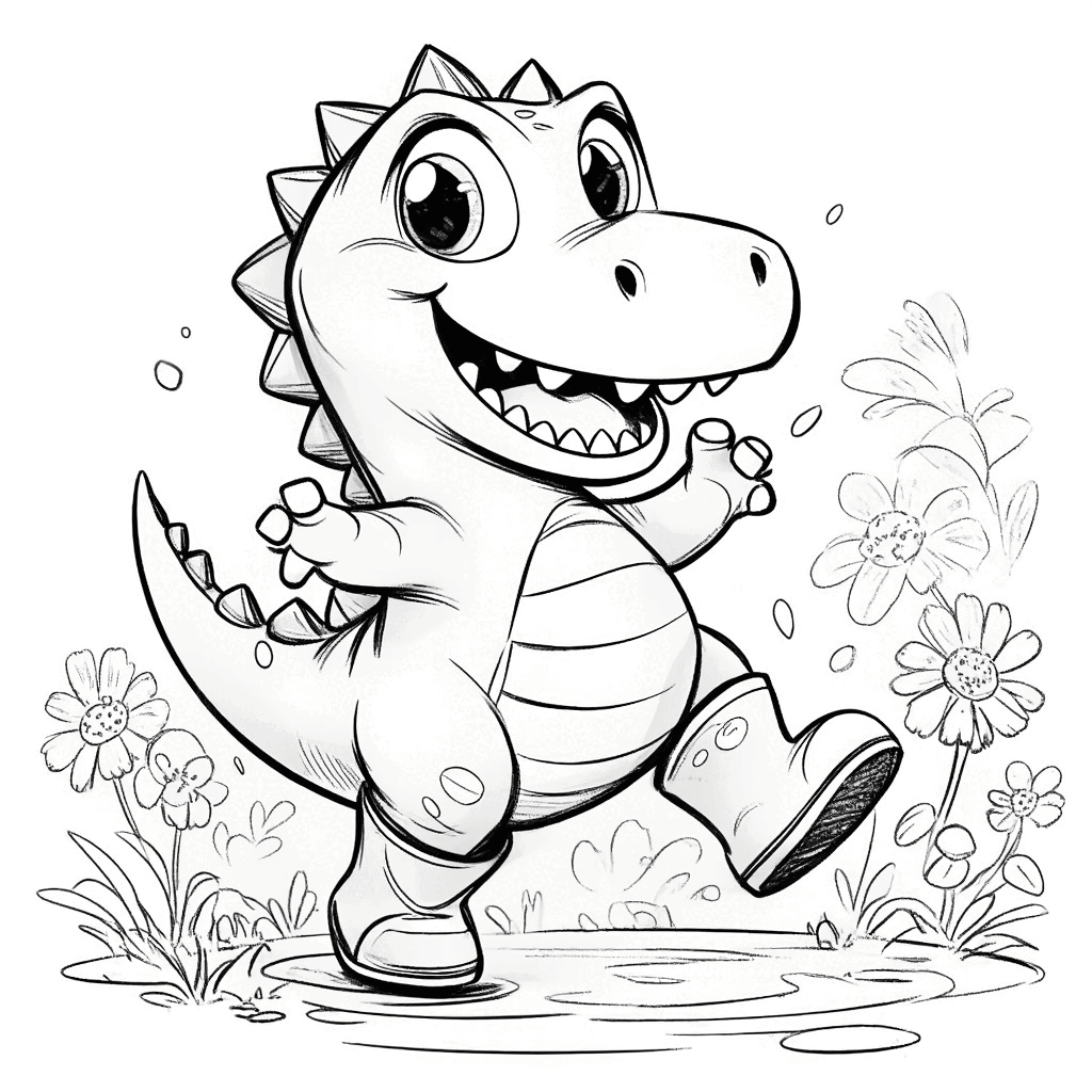 Der fröhliche kleine Dinosaurier trägt gelbe Gummistiefel und hüpft vergnügt über die Wiese