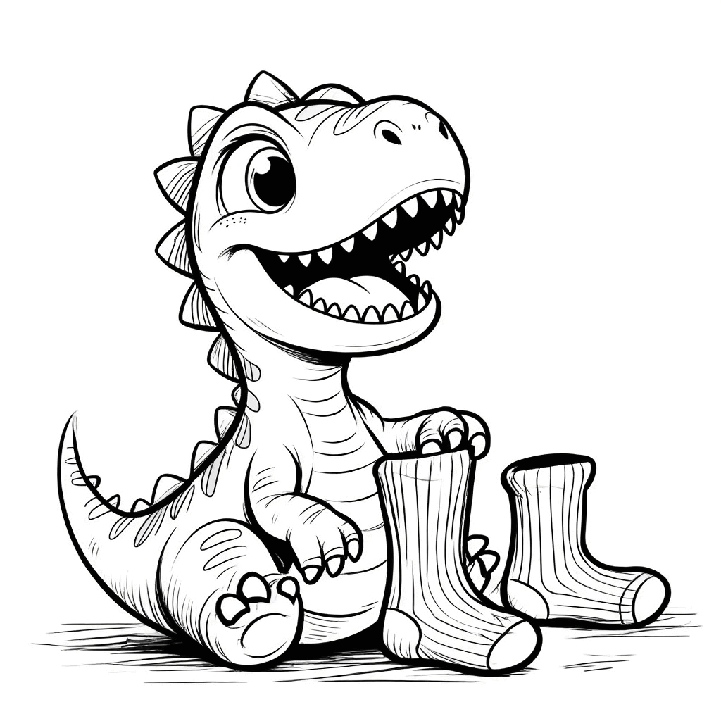 Feliz dinossauro sentado no chão, organizando meias coloridas