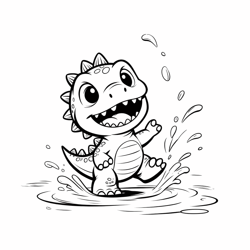 ぽっちゃりした小さな恐竜が水たまりで楽しそうに跳ねて、水しぶきが飛び散っている