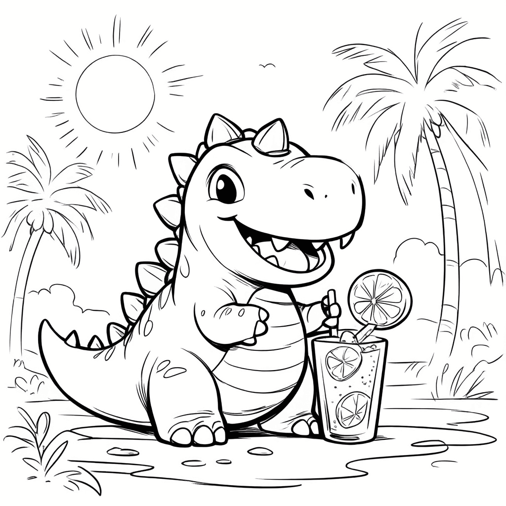 Ein rundlicher kleiner Dinosaurier hält ein Glas in den Pfoten und trinkt glücklich Zitronenwasser, im Hintergrund sind Sonne und Palmen