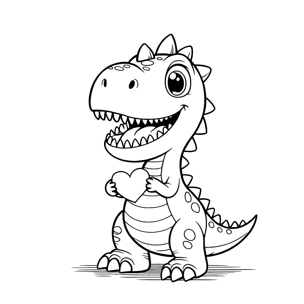 Niedlicher kleiner Dinosaurier hält eine herzförmige Valentinstagskarte in den Krallen, mit hochgestellten Schwanz