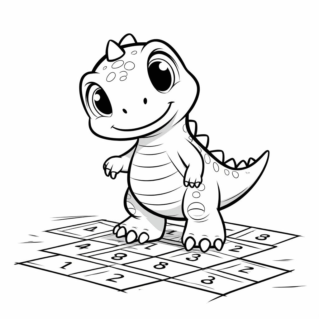 Ein rundlicher kleiner Dinosaurier steht auf einem Bein und spielt fröhlich Himmel und Hölle