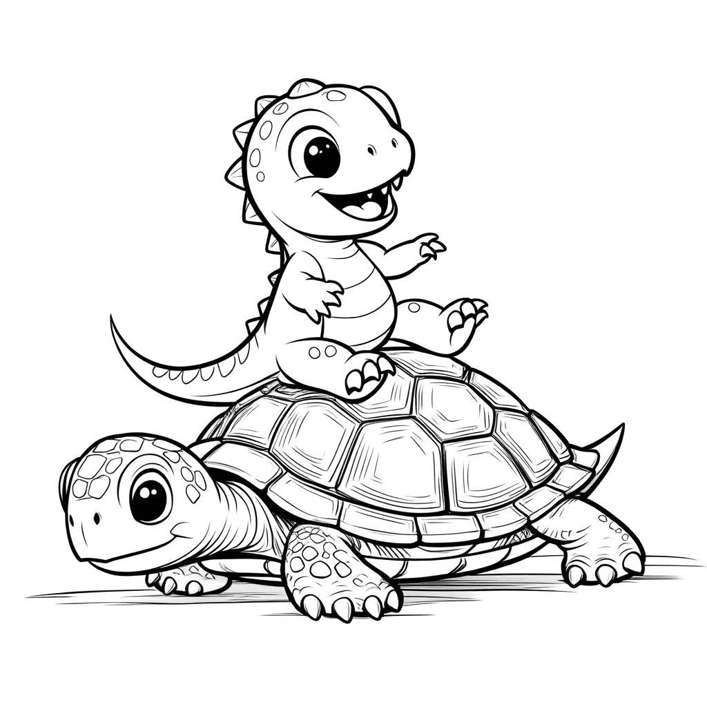 Ein niedlicher kleiner Dinosaurier reitet fröhlich auf dem Rücken einer langsam kriechenden Schildkröte