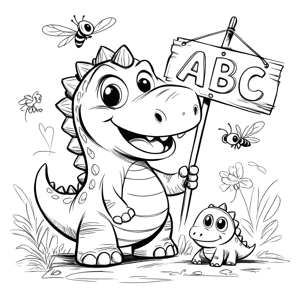 Ein süßer kleiner Dinosaurier hält ein ABC-Schild hoch, umringt von neugierigen Insekten