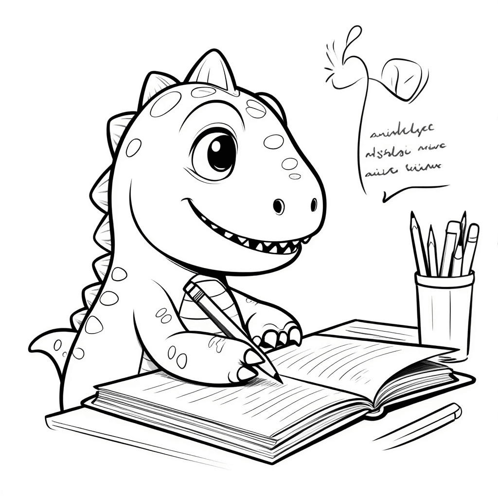 Ein niedlicher kleiner Dinosaurier sitzt am Tisch, hält mit den Pfoten einen Stift und schreibt fleißig Tagebuch