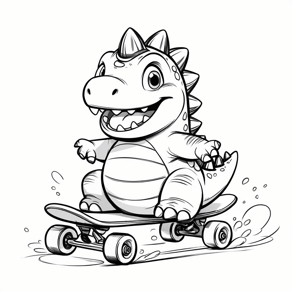 Un petit dinosaure tout rond, portant des protections, qui s'amuse joyeusement sur sa trottinette
