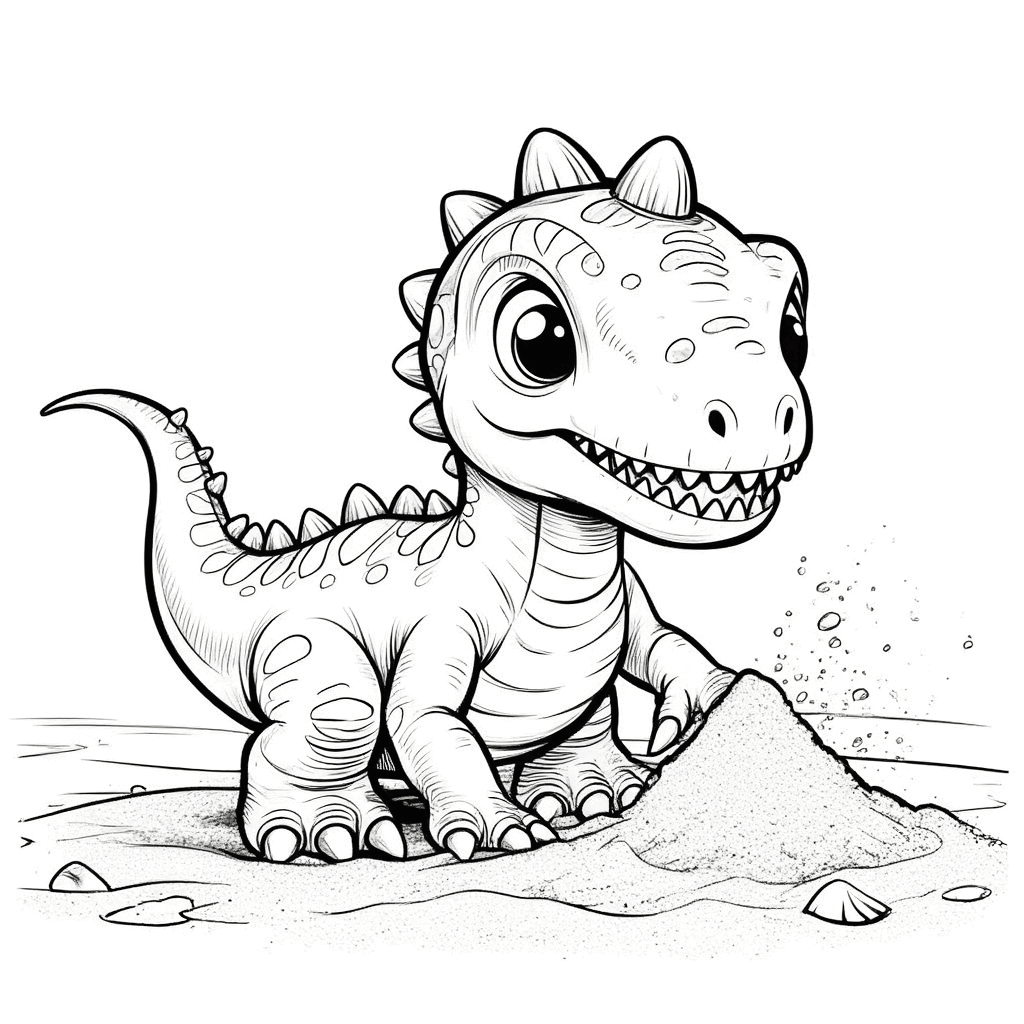 Le petit dinosaure accroupi sur la plage, construisant un château de sable en forme de dinosaure avec ses pattes, la queue dressée