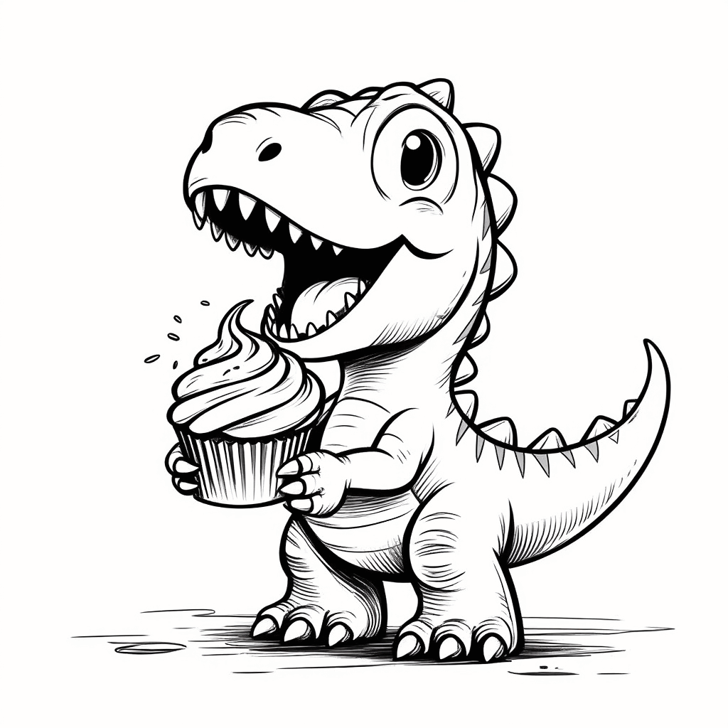 Ein kleiner Dinosaurier hält glücklich einen bunten Cupcake in den Pfoten und öffnet den Mund, um hineinzubeißen