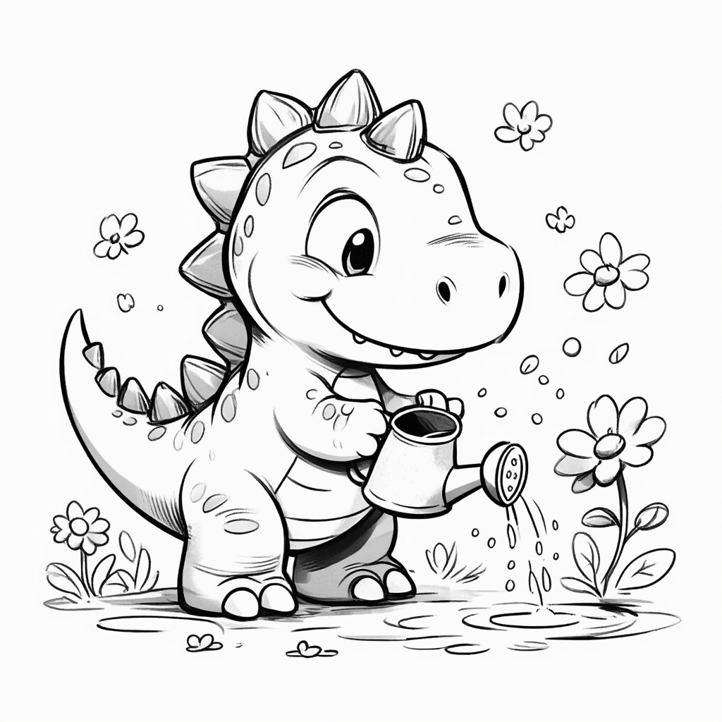 Der kleine Dinosaurier gießt auf Zehenspitzen mit einer Gießkanne eine Blume, während sein Schwanz in die Höhe steht