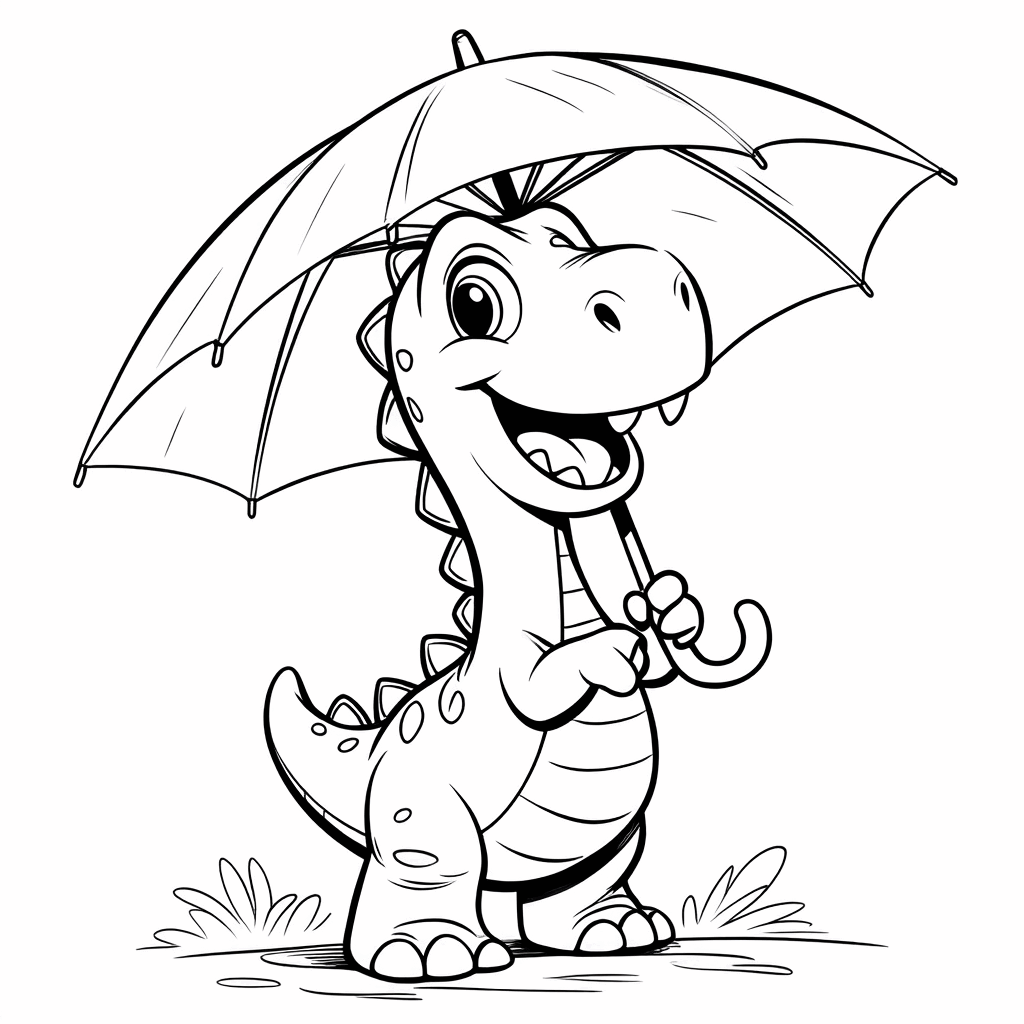 Le petit dinosaure sur la pointe des pieds tenant un petit parapluie, souriant à pleines dents