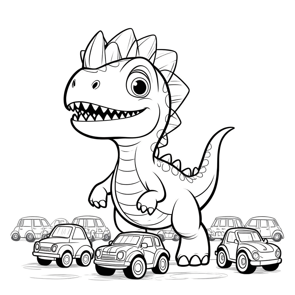 Der kleine Dinosaurier schreitet stolz und selbstbewusst voran, gefolgt von einer Reihe Spielzeugautos