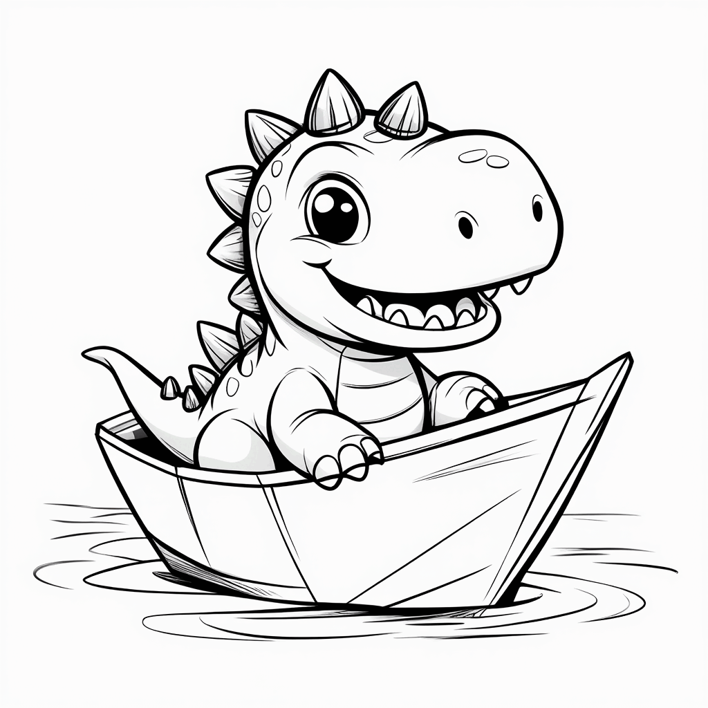 Le petit dinosaure est assis joyeusement dans un bateau en origami, tenant le bord avec ses petites pattes, la queue dressée