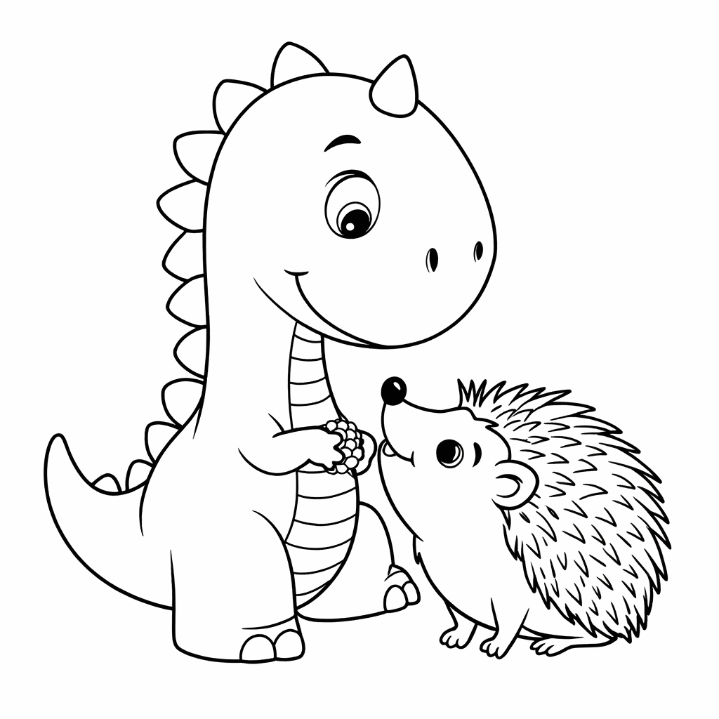 Ein kleiner Dinosaurier lächelt und füttert mit seiner Pfote einen Igel, der den Kopf hebt