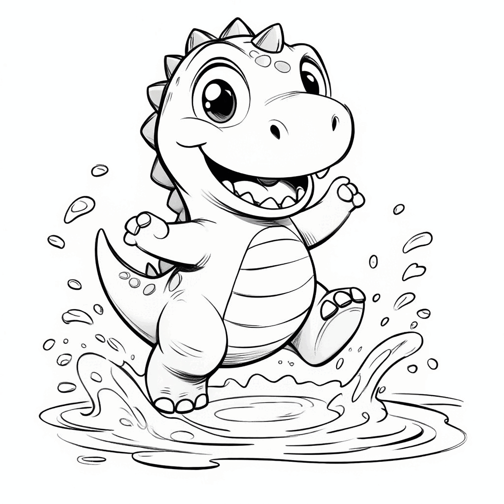 Ein fröhlicher kleiner Dinosaurier hüpft in einer Regenbogen-Pfütze, das Wasser spritzt umher
