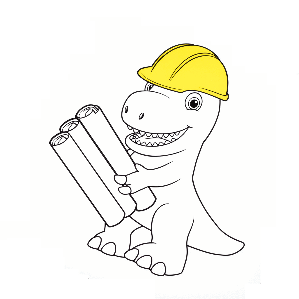 Der kleine Dinosaurier mit gelbem Schutzhelm hält einen Bauplan in den Pfoten und grinst vergnügt