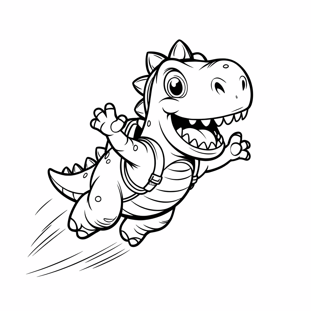 Ein kleiner Dinosaurier mit einem Jetpack breitet fröhlich die Arme aus und fliegt durch die Luft