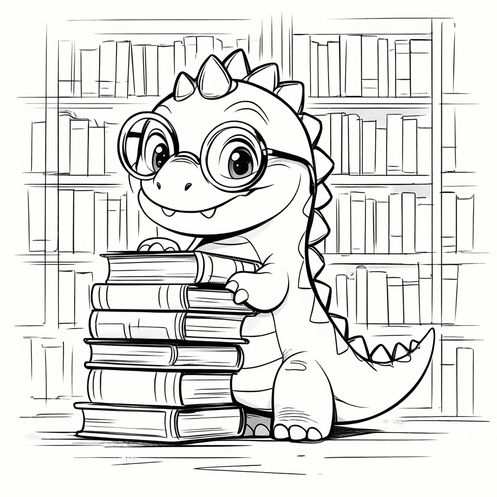 Ein kleiner Dinosaurier mit runder Brille steht mit einem Stapel Bücher vor einem Regal