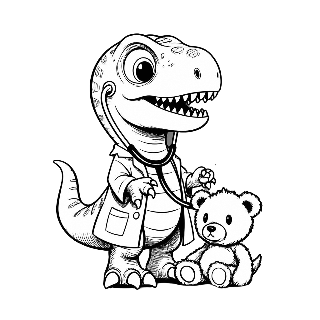 Der kleine Dinosaurier trägt einen weißen Kittel und ein Stethoskop und untersucht einen Teddybären