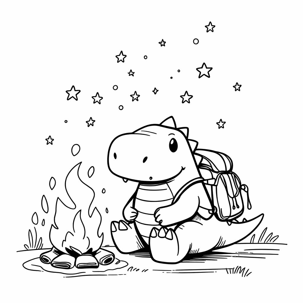 Um dinossaurinho sentado ao redor de uma fogueira, olhando para as estrelas, com uma mochila de acampamento nas costas