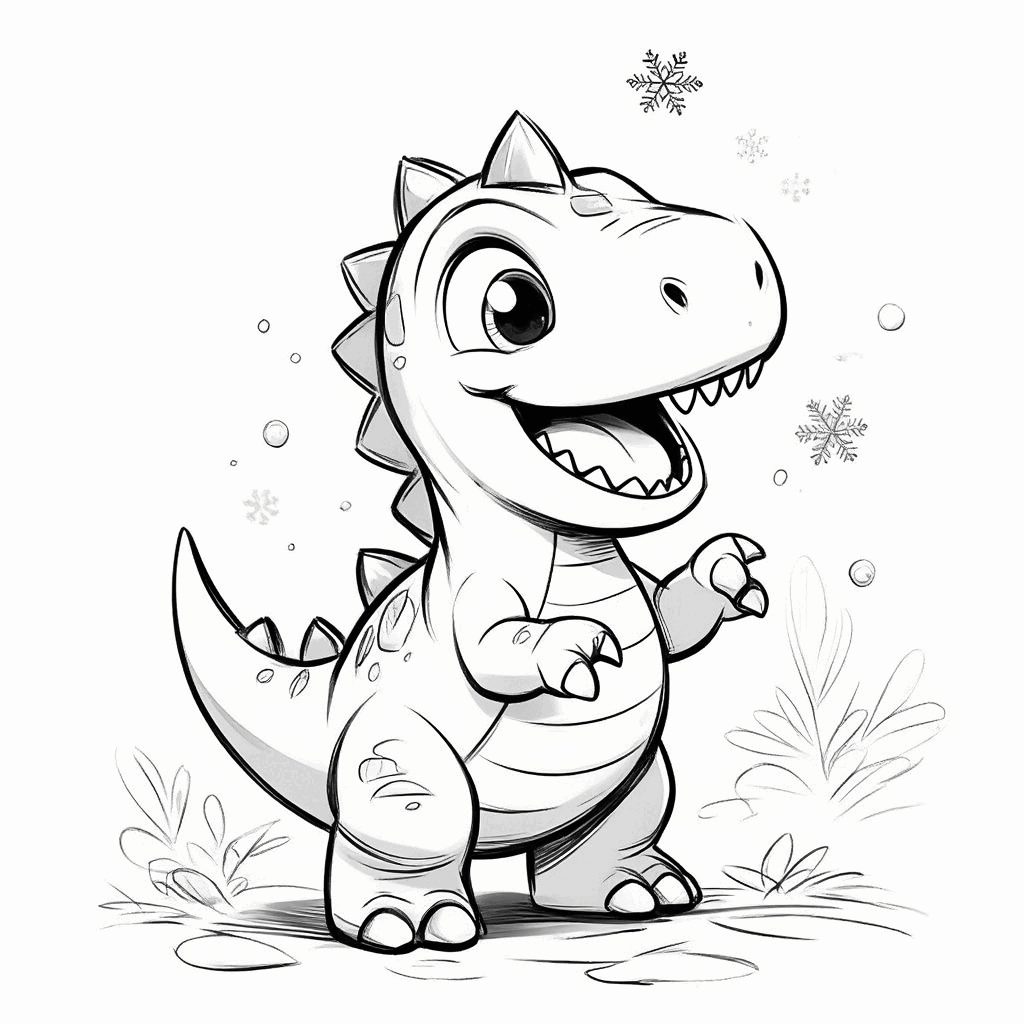Le petit dinosaure levant la tête, ouvrant ses pattes pour attraper des flocons, queue dressée