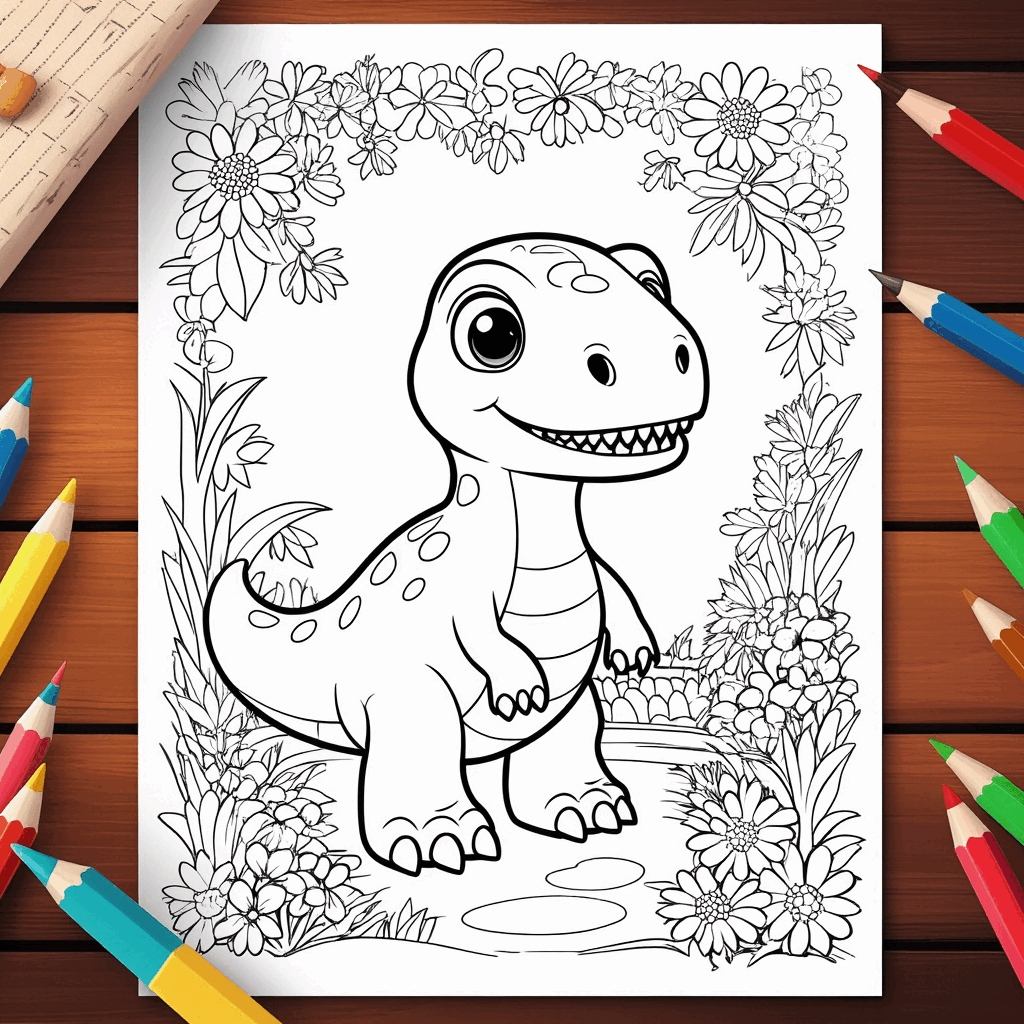 Ein kleiner Dinosaurier steht mit großen Augen neugierig am Eingang eines geheimen Gartens voller Blumen