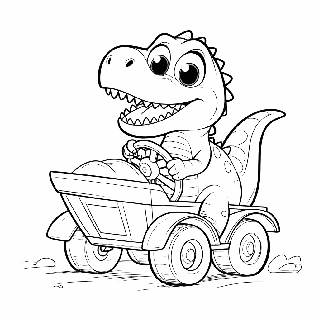 Dinosaurus kecil duduk di dalam truk mainan, kedua tangan memegang kemudi, tersenyum lebar dengan gembira