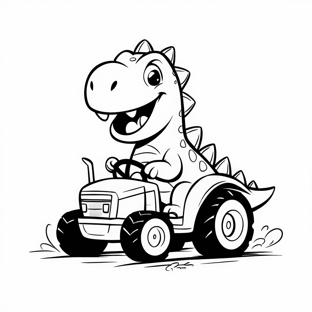 Der kleine Dinosaurier sitzt glücklich auf einem Spielzeugtraktor und hält das Lenkrad mit den Vorderpfoten