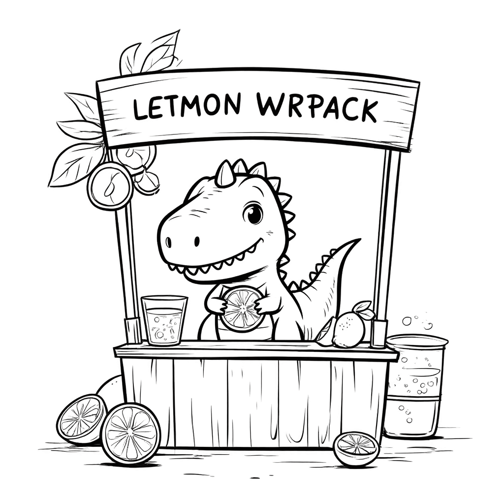 O dinossauro atrás de uma barraca de limonada, segurando uma placa escrita 