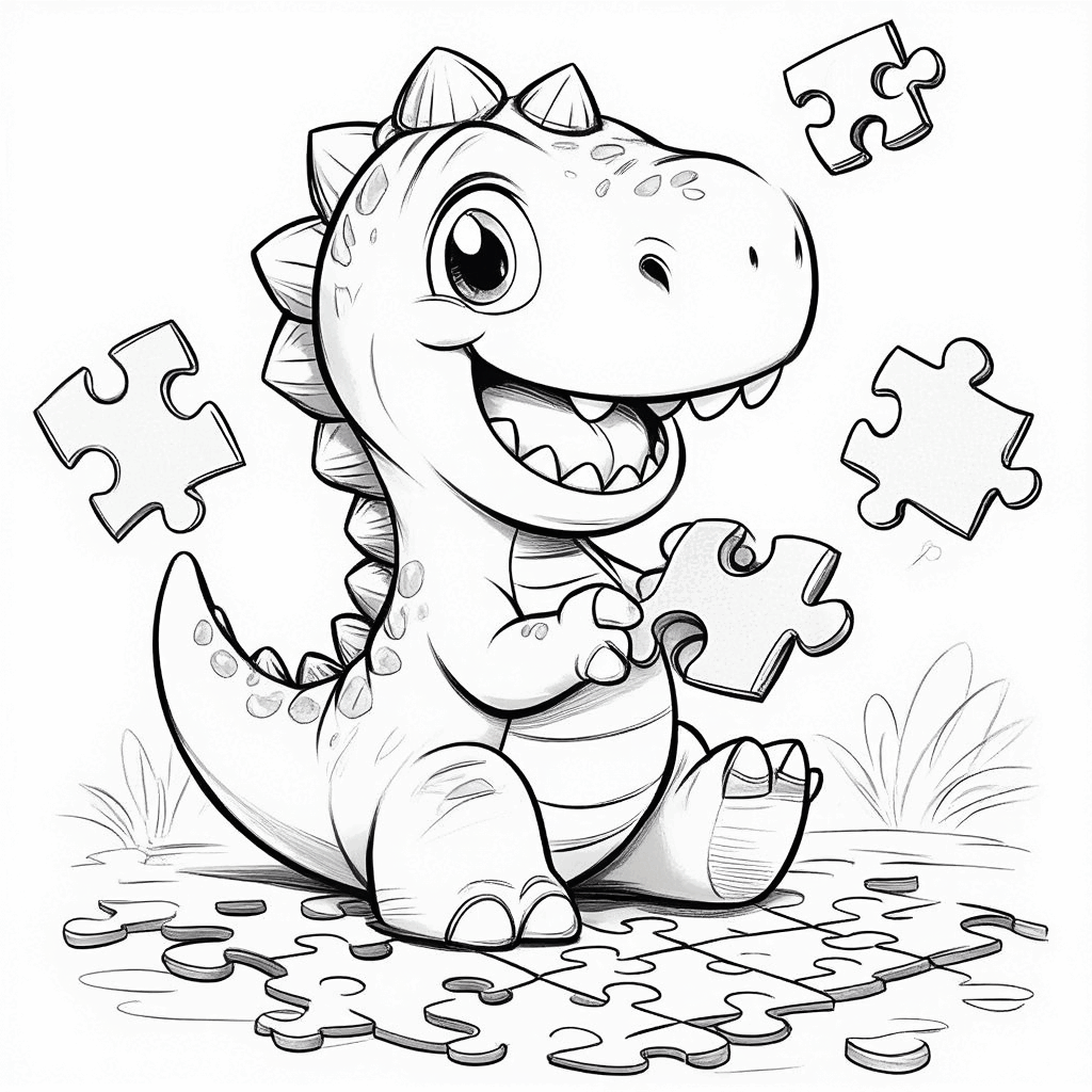 Le petit dinosaure assis par terre, assemble concentré un puzzle coloré, la queue joyeusement dressée
